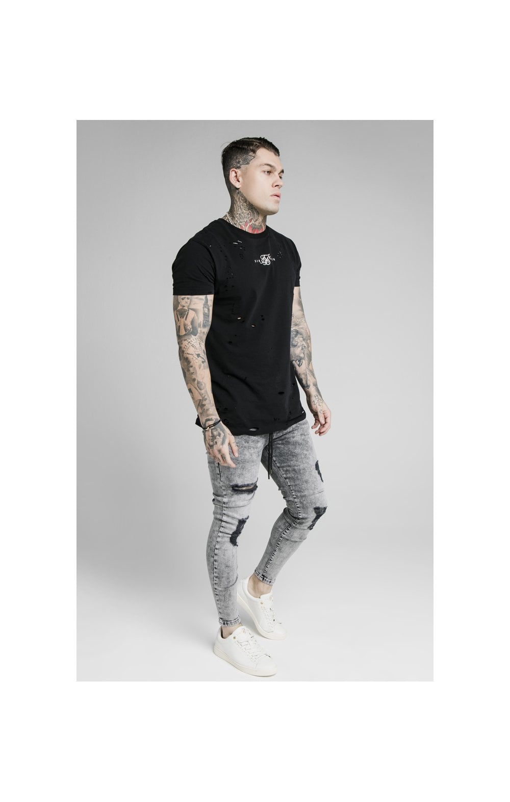 Load image into Gallery viewer, SikSilk Elasticated Tape Skinny Distressed Jeans - Snow Wash (6)