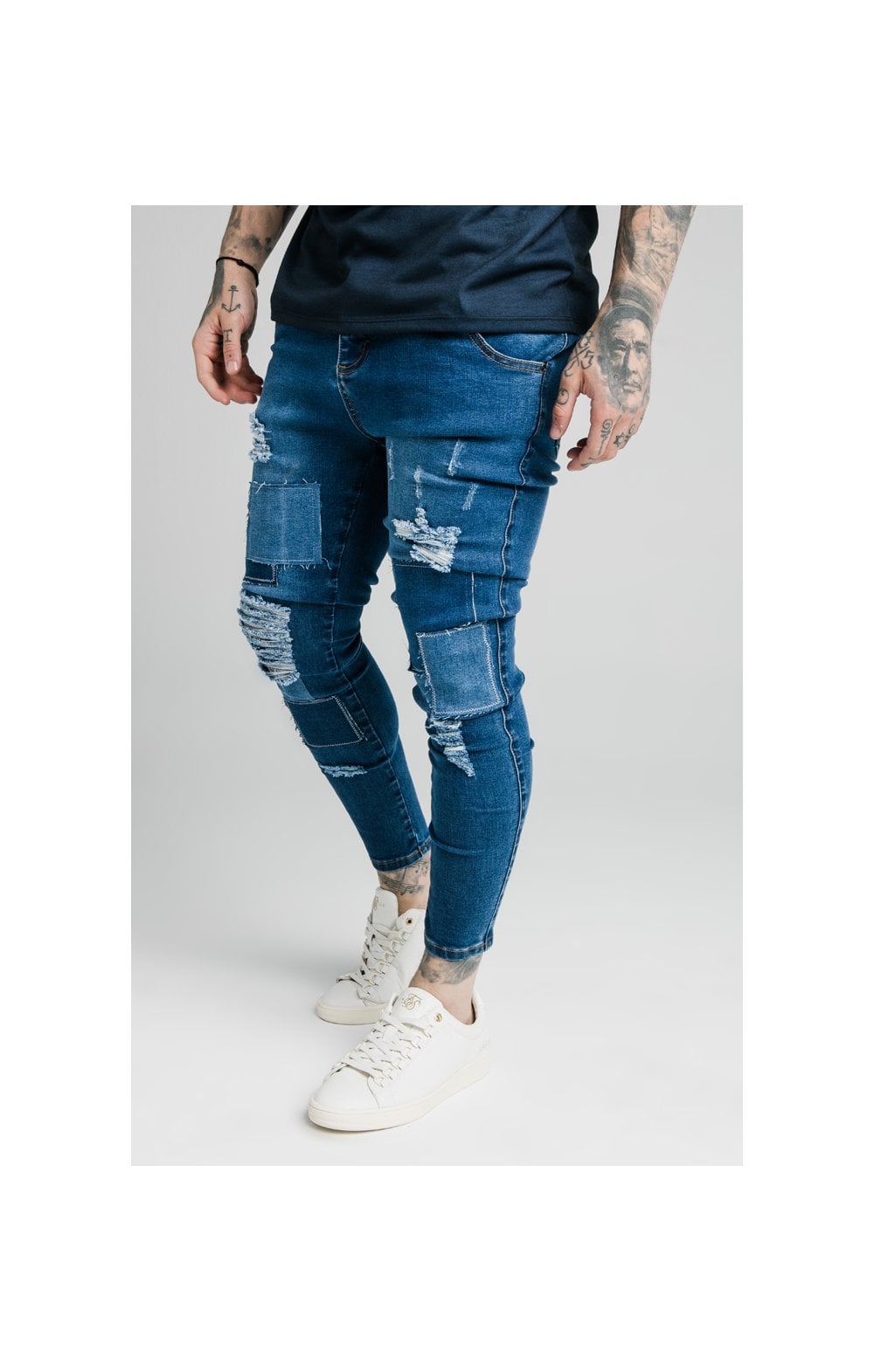 Load image into Gallery viewer, SikSilk Skinny Distressed Patch Jeans - Midstone