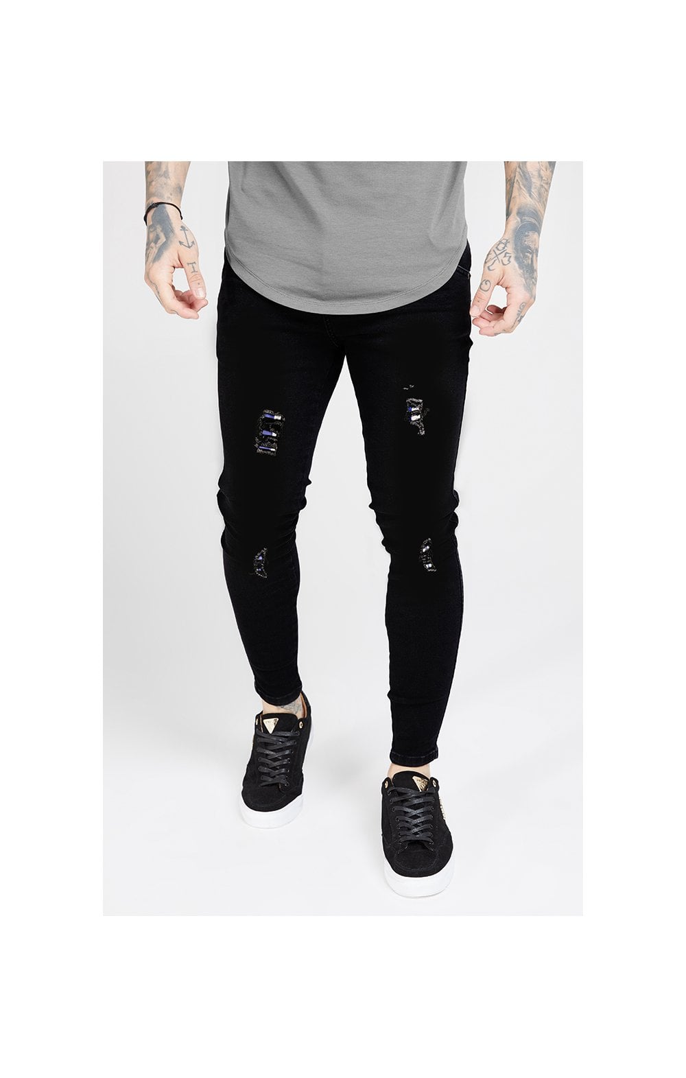 Load image into Gallery viewer, SikSilk Printed Rip Jeans - Black &amp; Stripe