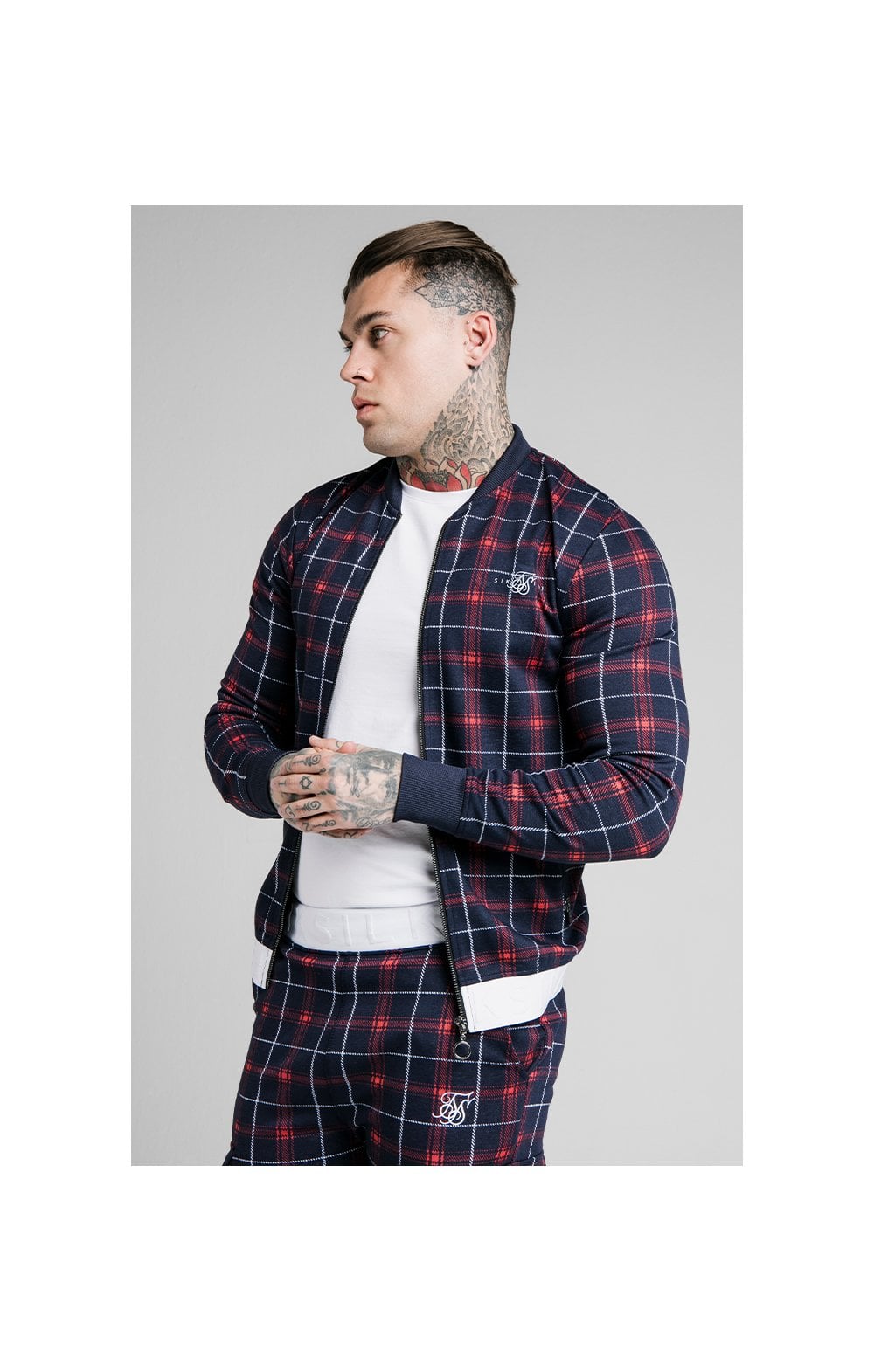Load image into Gallery viewer, SikSilk Jacquard Check Bomber Jacket – Navy