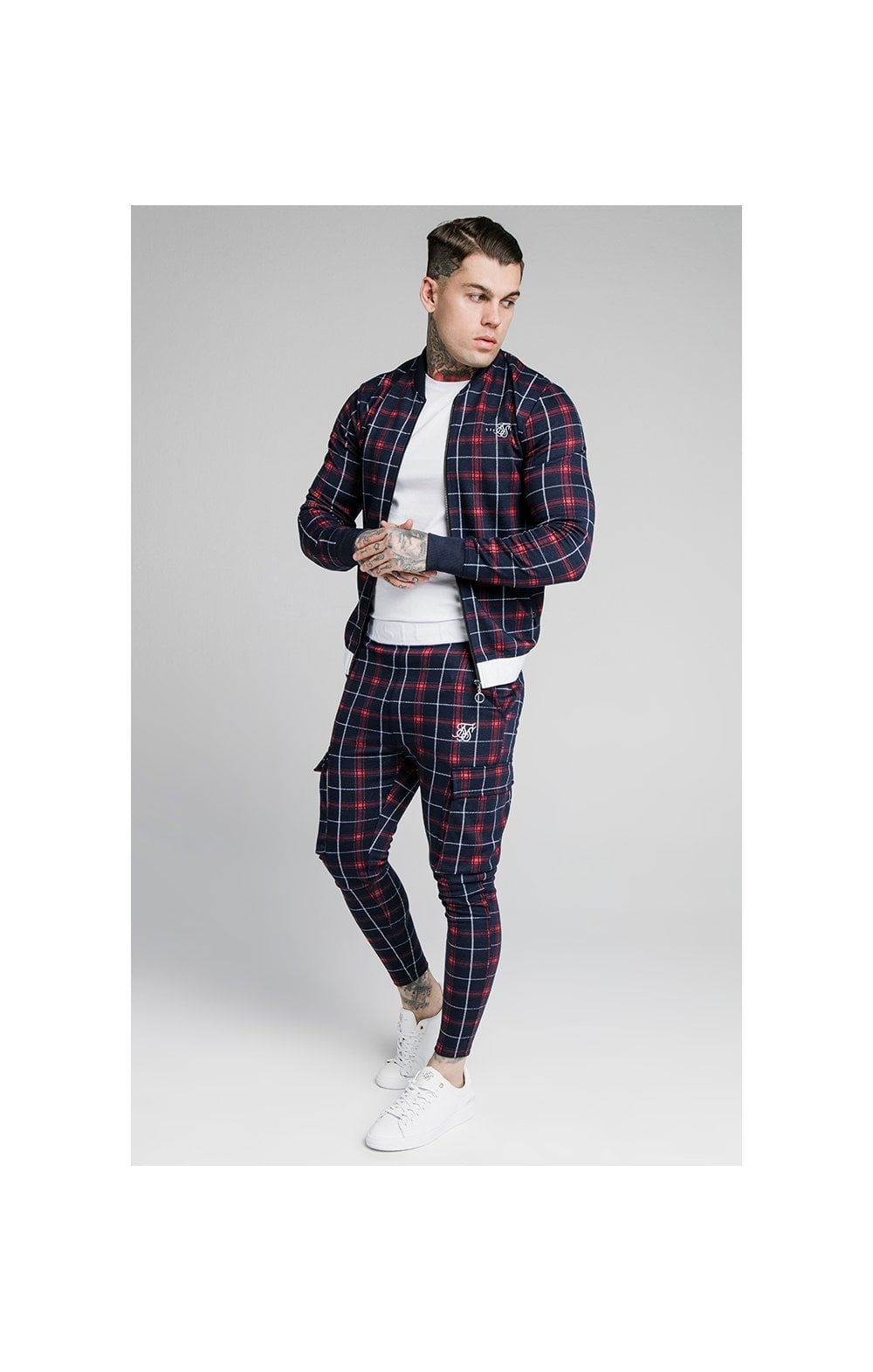 Load image into Gallery viewer, SikSilk Jacquard Check Bomber Jacket – Navy (3)
