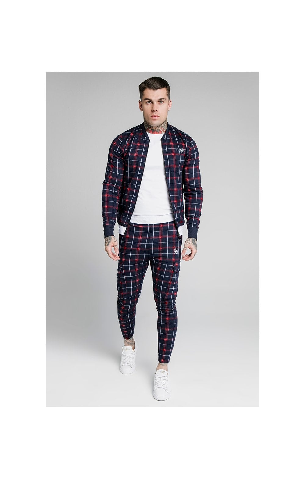 Load image into Gallery viewer, SikSilk Jacquard Check Bomber Jacket – Navy (4)