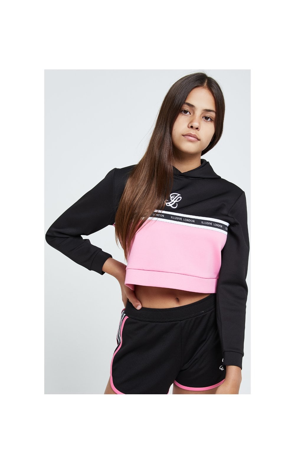 Load image into Gallery viewer, Illusive London Colour Block Cropped Hoodie - Black &amp; Pink