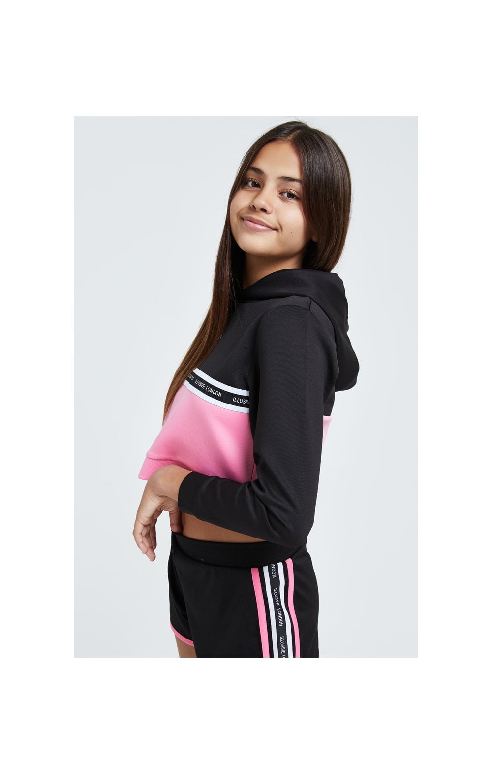 Load image into Gallery viewer, Illusive London Colour Block Cropped Hoodie - Black &amp; Pink (1)