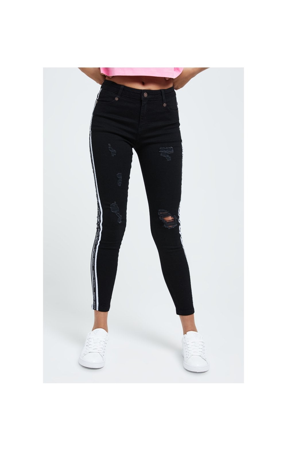 Load image into Gallery viewer, Illusive London Tape Distressed Skinny Jeans - Black