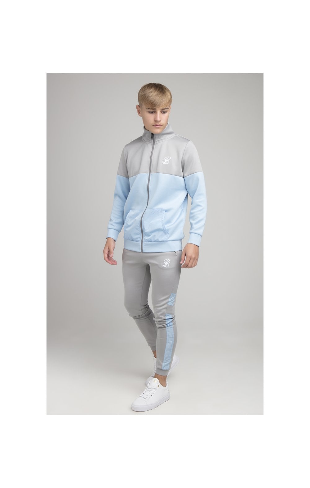 Load image into Gallery viewer, Boys Illusive Grey Cut And Sew Zip Thru Funnel Neck (3)
