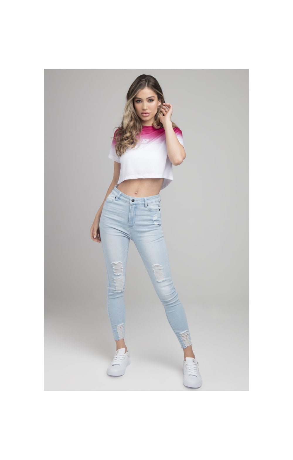 Load image into Gallery viewer, SikSilk High Fade Crop Tee - Pink &amp; White (2)