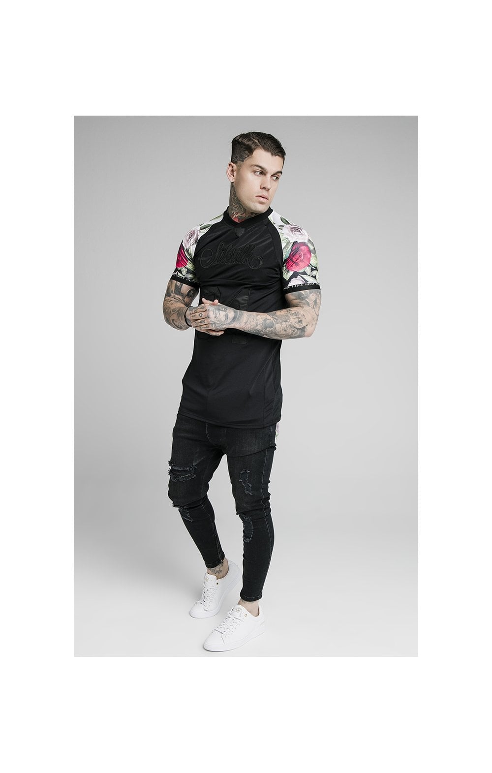 Load image into Gallery viewer, SikSilk Stretch Tee - Black &amp; Floral Pixel (2)