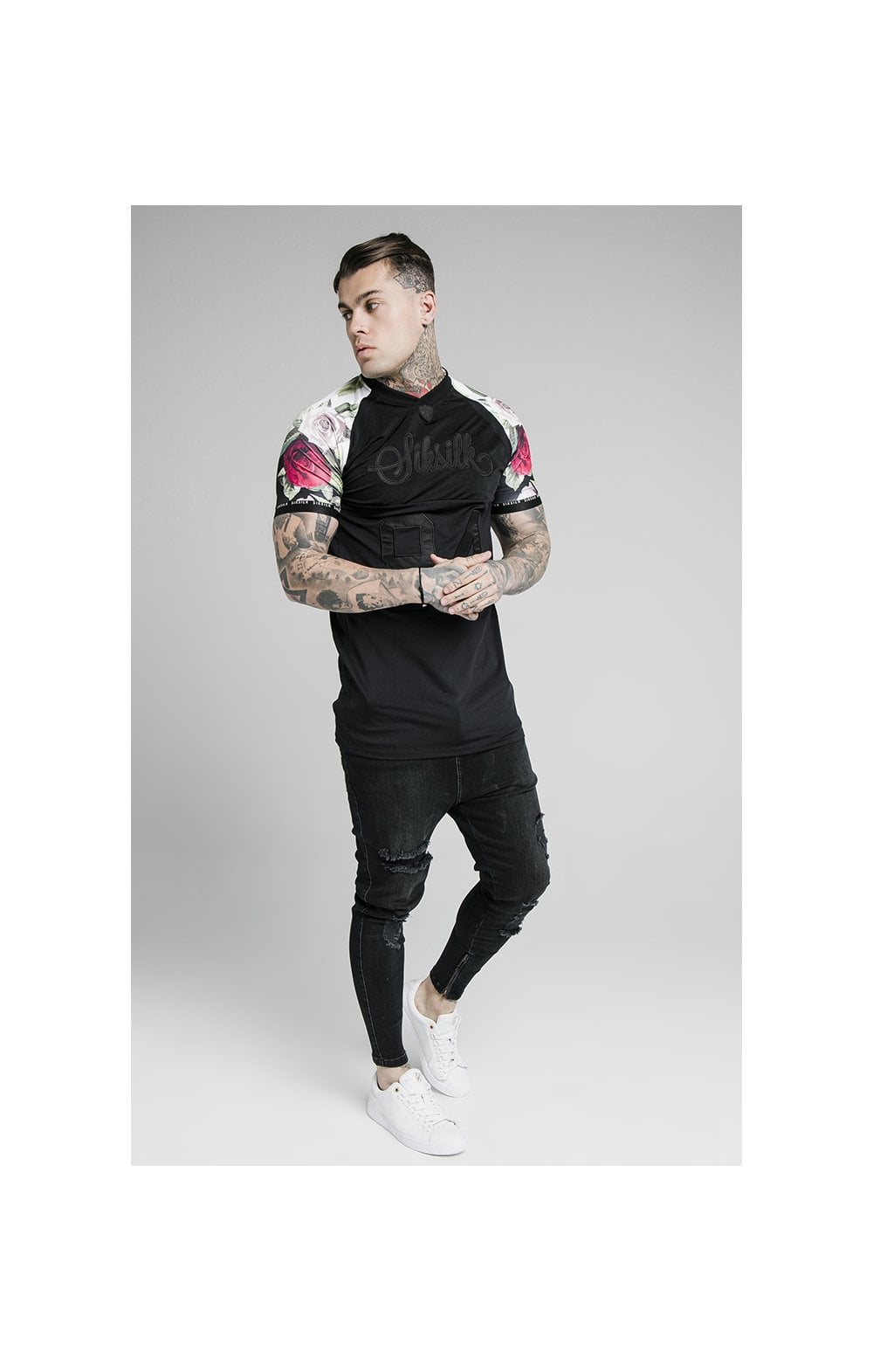 Load image into Gallery viewer, SikSilk Stretch Tee - Black &amp; Floral Pixel (4)