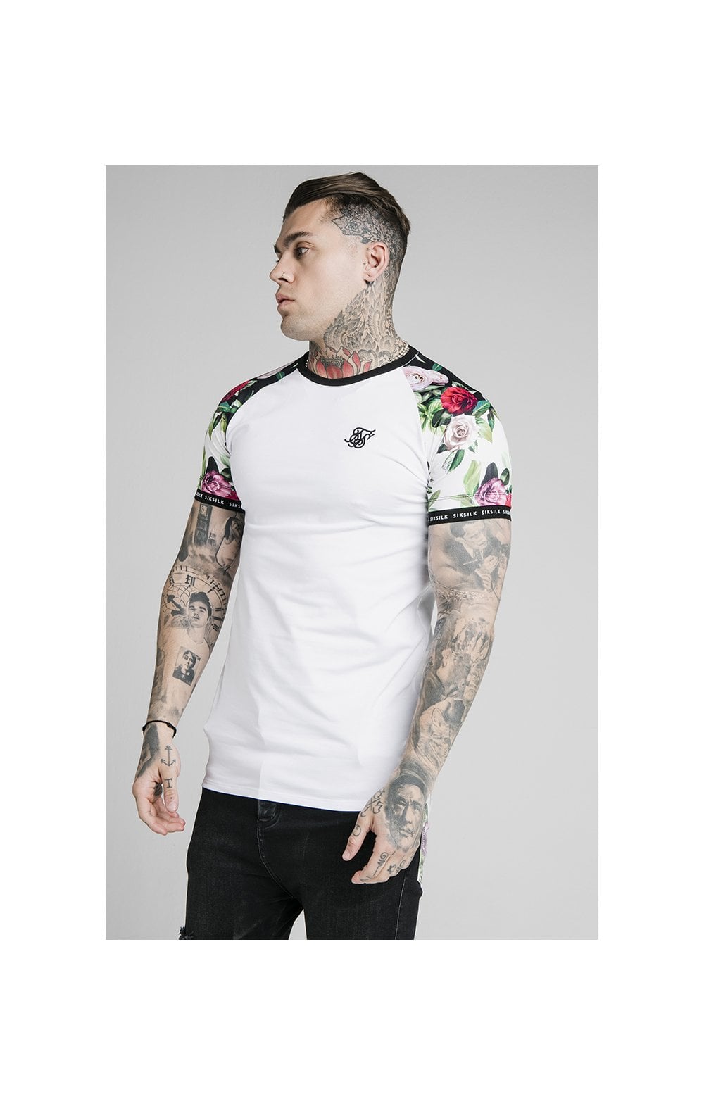 Load image into Gallery viewer, SikSilk S/S Floral Pixel Inset Tech Tee - White &amp; Floral Pixel