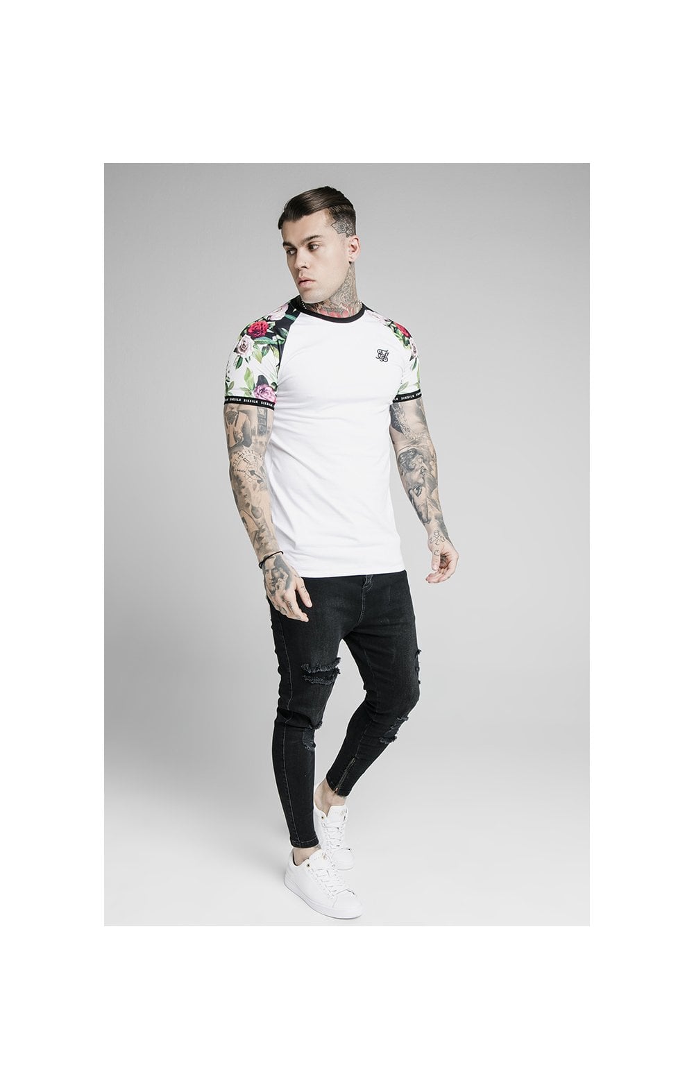 Load image into Gallery viewer, SikSilk S/S Floral Pixel Inset Tech Tee - White &amp; Floral Pixel (3)