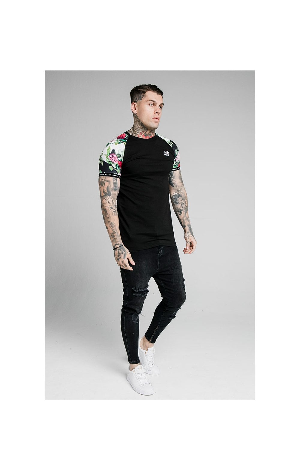 Load image into Gallery viewer, SikSilk S/S Floral Pixel Inset Tech Tee - Black &amp; Floral Pixel