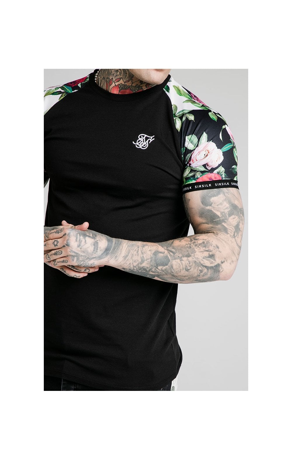 Load image into Gallery viewer, SikSilk S/S Floral Pixel Inset Tech Tee - Black &amp; Floral Pixel (2)