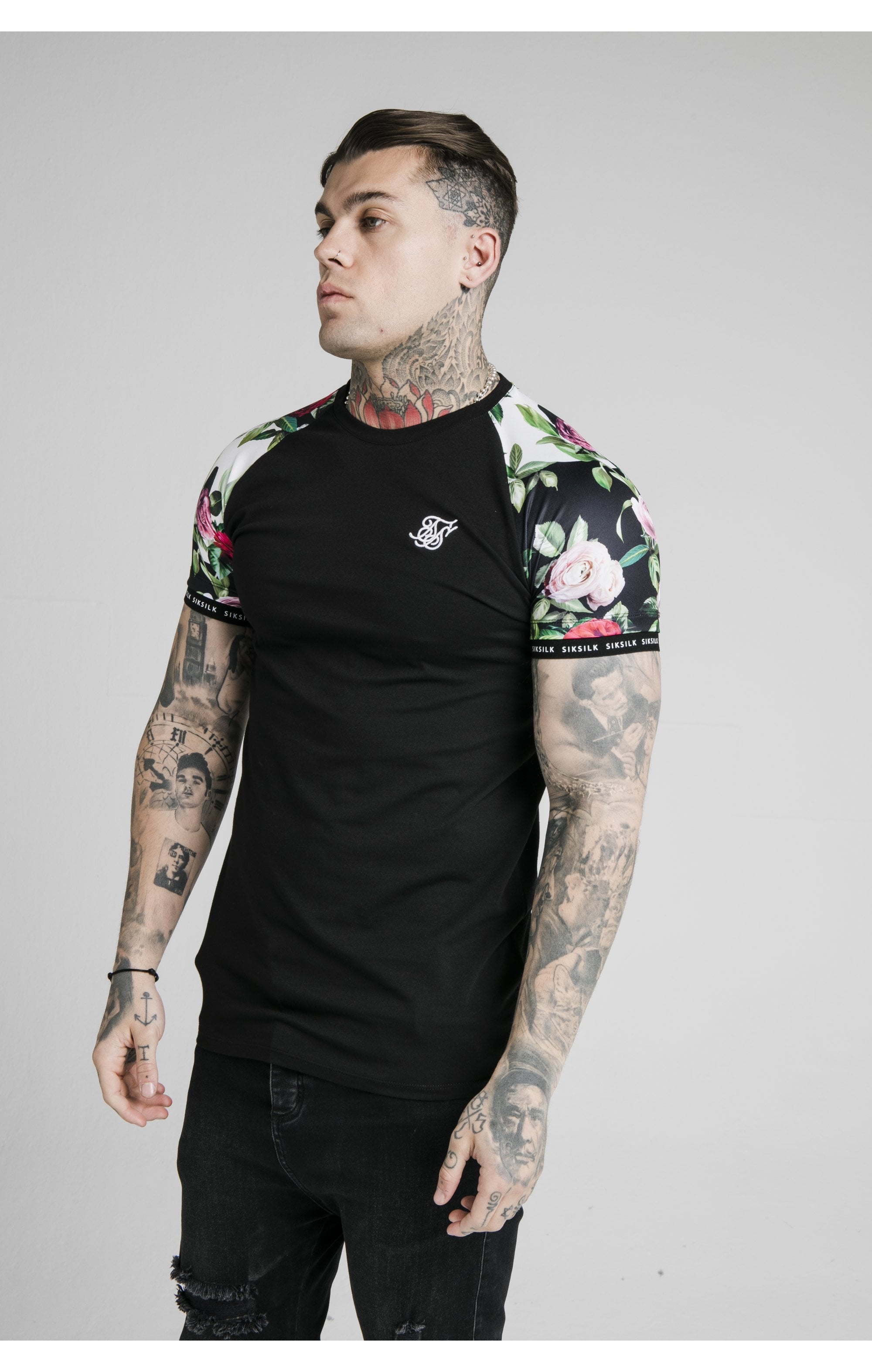 Load image into Gallery viewer, SikSilk S/S Floral Pixel Inset Tech Tee - Black &amp; Floral Pixel (1)