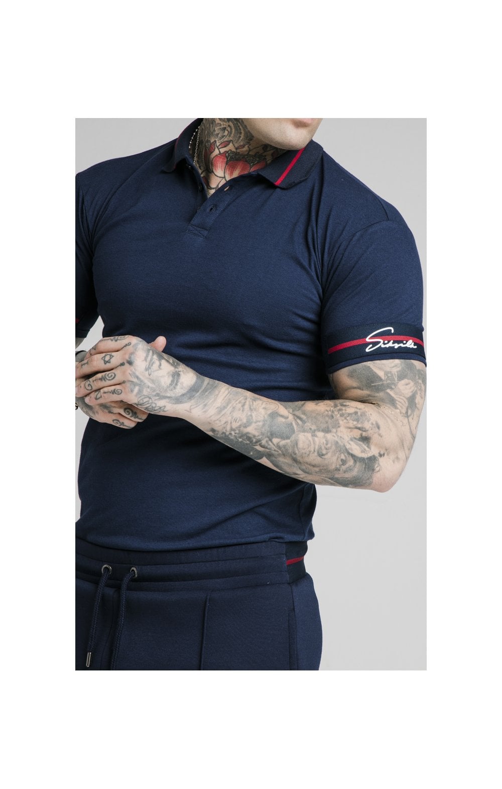Load image into Gallery viewer, SikSilk Pique Polo Shirt Exposed Tape - Navy (1)
