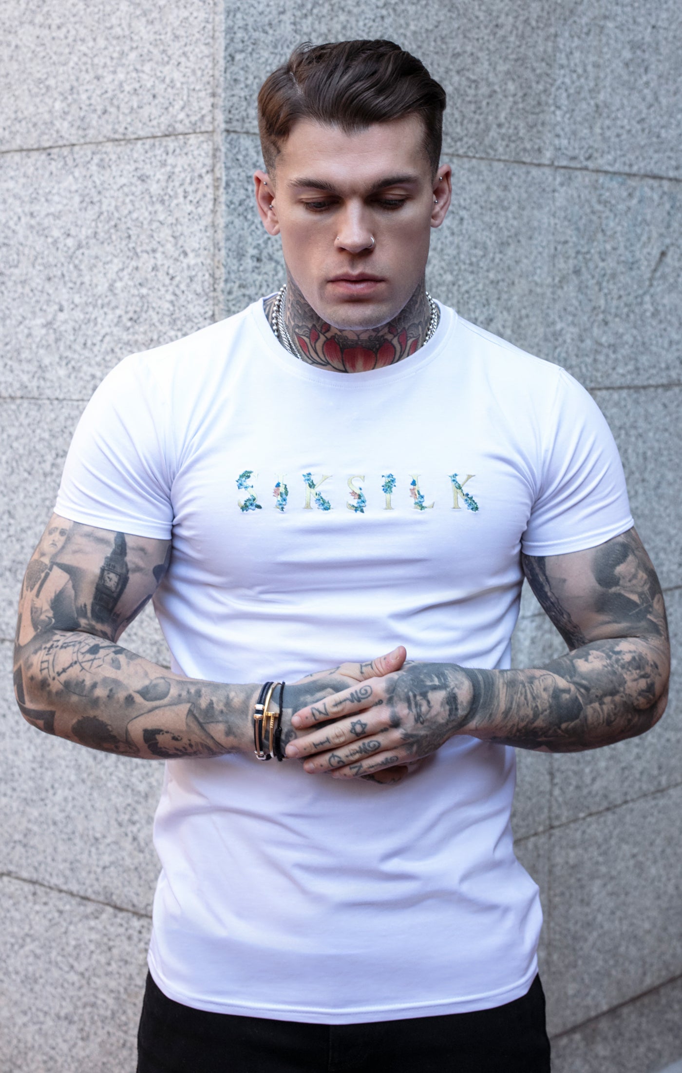 Load image into Gallery viewer, White Floral Embroidered Muscle Fit T-Shirt