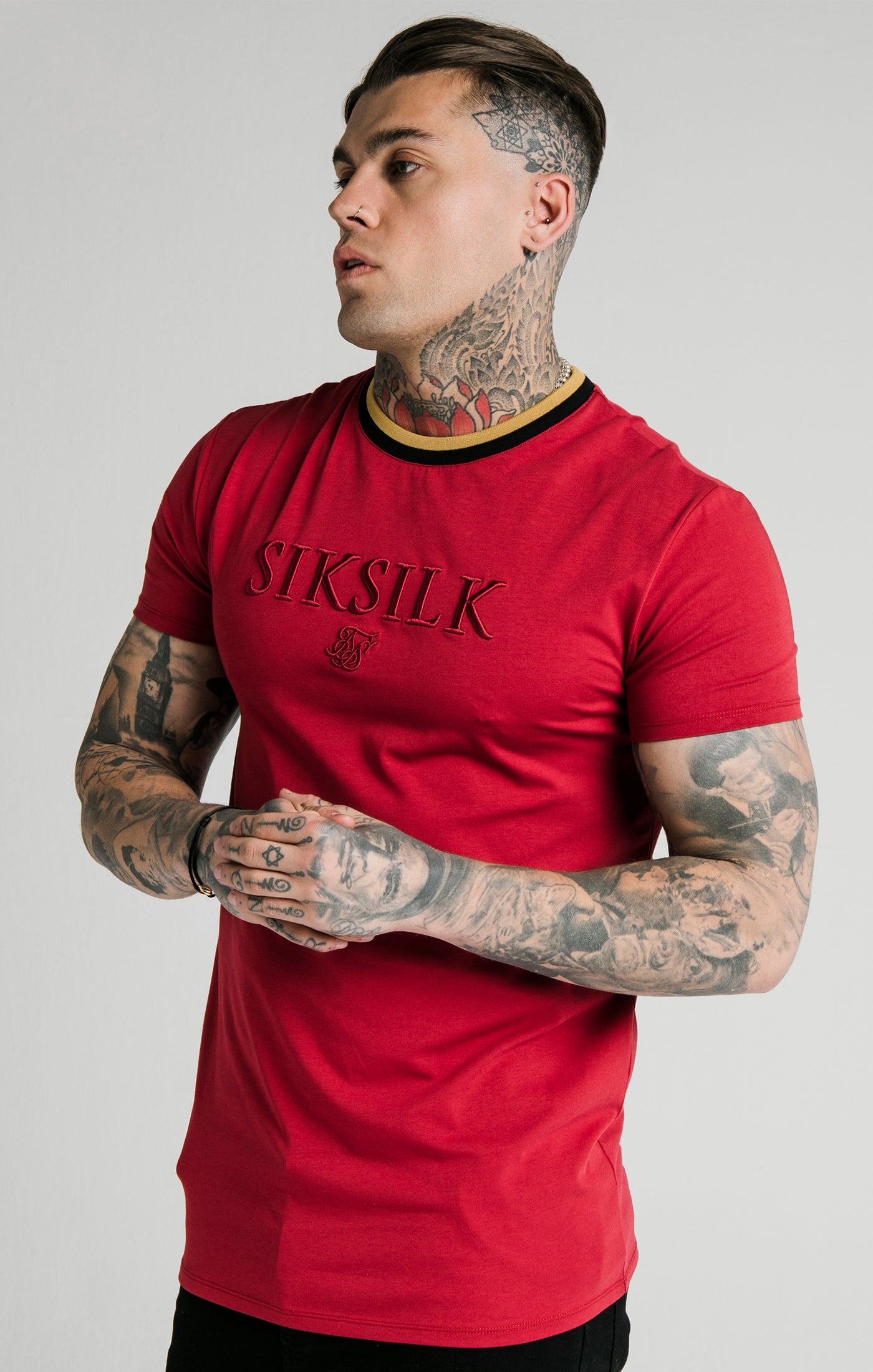 Load image into Gallery viewer, SikSilk Straight Hem Gym Tee – Red,Gold &amp; Black