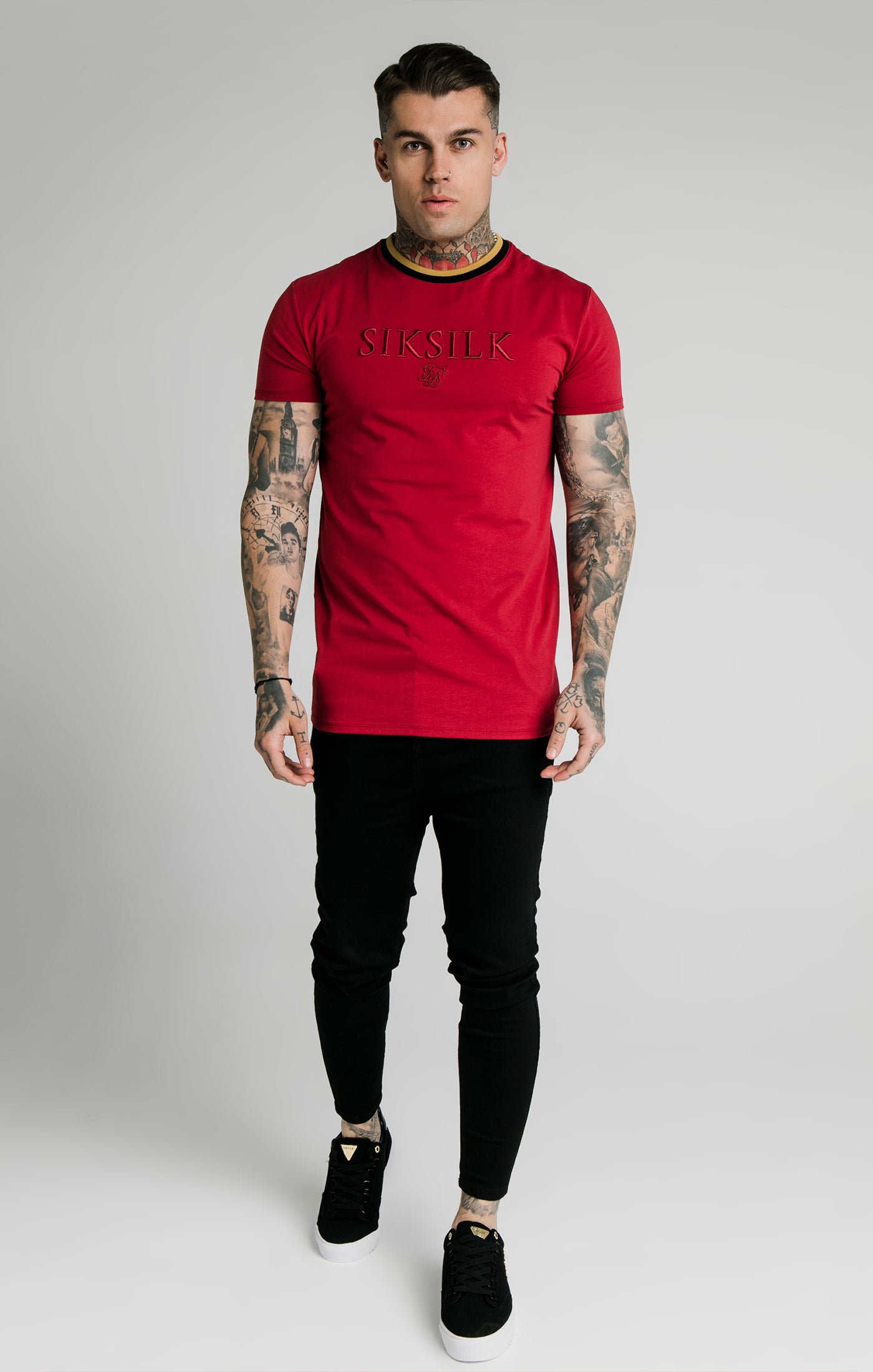Load image into Gallery viewer, SikSilk Straight Hem Gym Tee – Red,Gold &amp; Black (2)