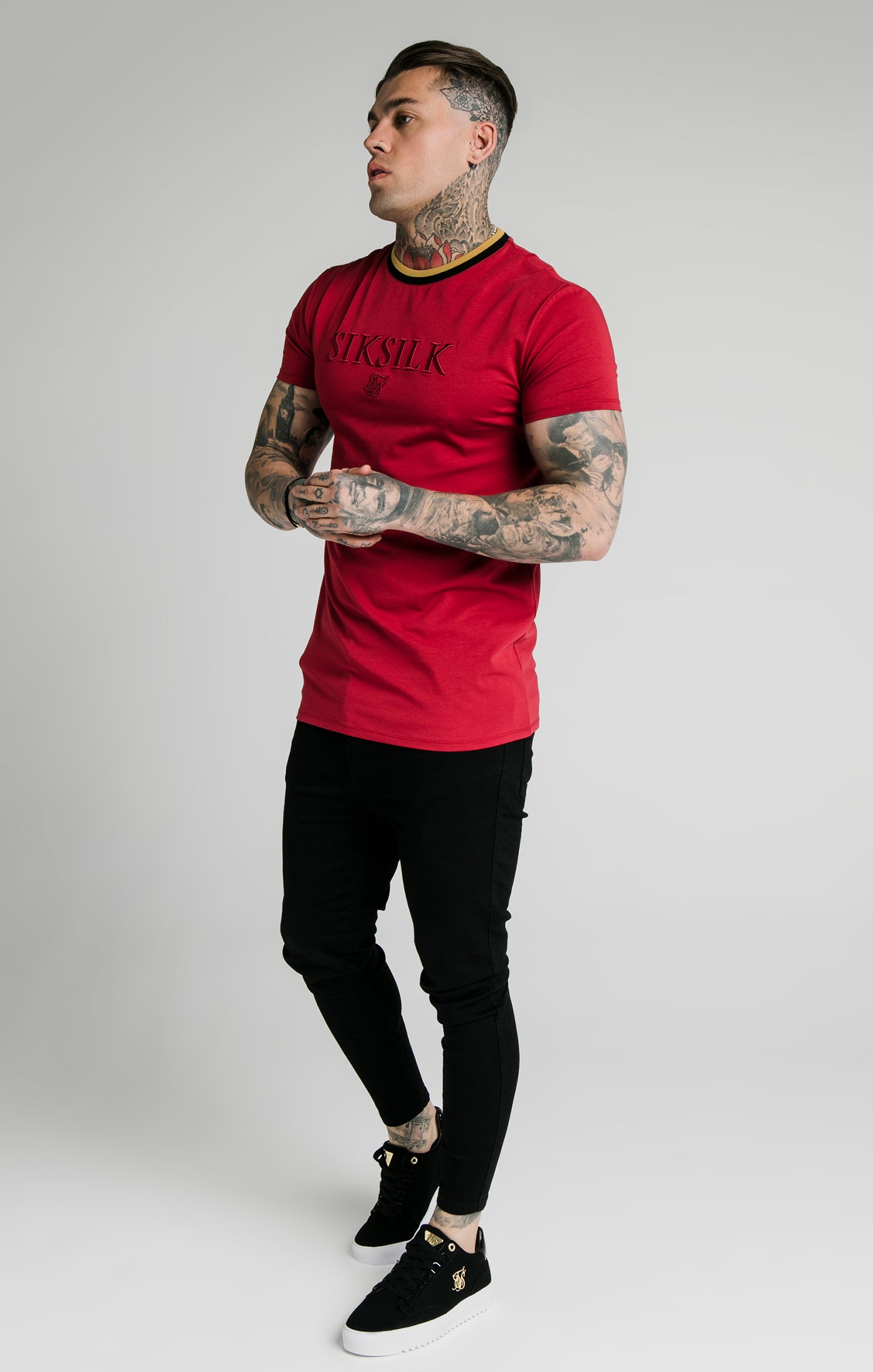 Load image into Gallery viewer, SikSilk Straight Hem Gym Tee – Red,Gold &amp; Black (3)