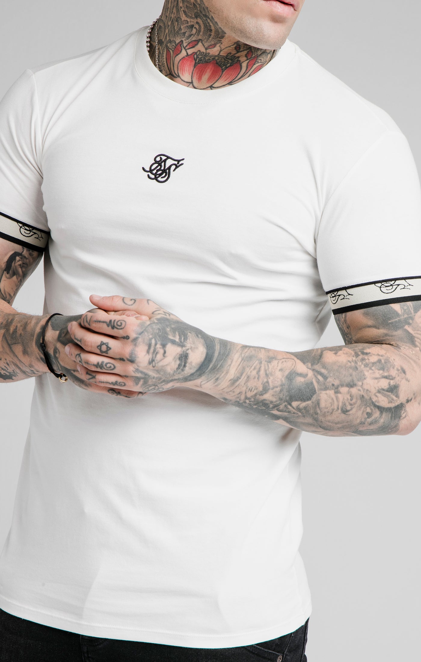 Load image into Gallery viewer, SikSilk S/S Premium Tape Gym Tee - Off White &amp; Black (1)
