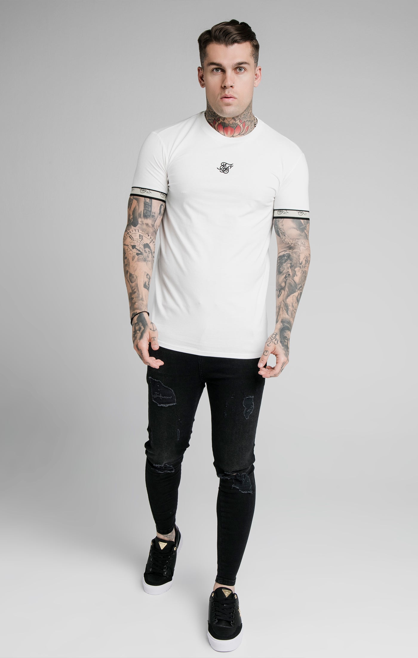 Load image into Gallery viewer, SikSilk S/S Premium Tape Gym Tee - Off White &amp; Black (2)