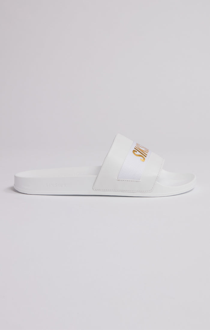 Load image into Gallery viewer, White Pool Slide With Gold Logo Strap