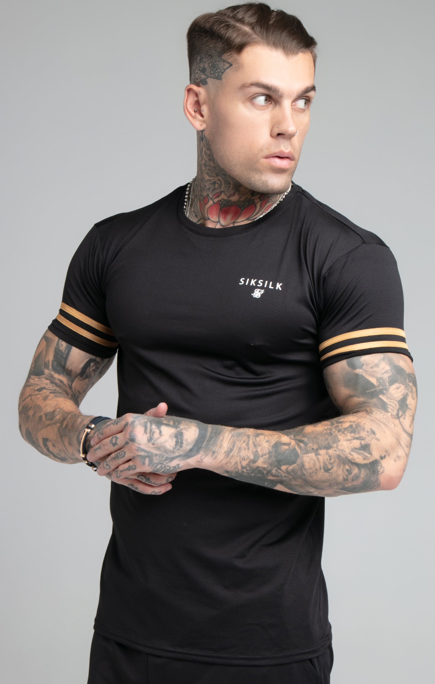 Load image into Gallery viewer, SikSilk S/S Mesh Bound Gym Tee - Black &amp; Gold