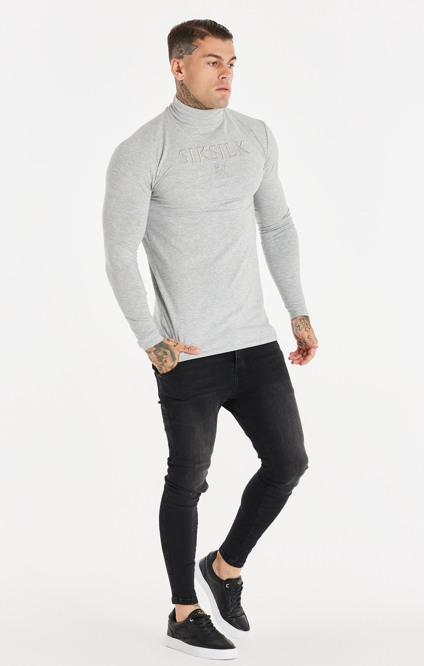 Load image into Gallery viewer, Grey Marl Long Sleeve Turtle Neck Muscle Fit T-Shirt (3)
