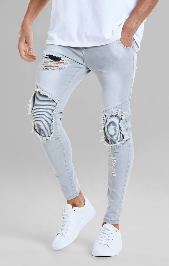 Load image into Gallery viewer, Grey Washed Distressed Biker Jean (1)