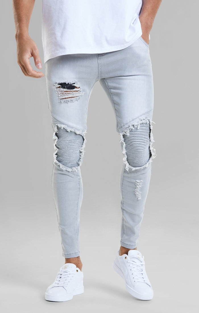 Load image into Gallery viewer, Grey Washed Distressed Biker Jean