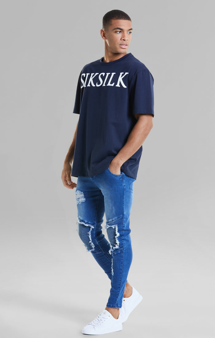 Load image into Gallery viewer, SikSilk Raw Hem Biker Jeans - Midstone Blue (1)