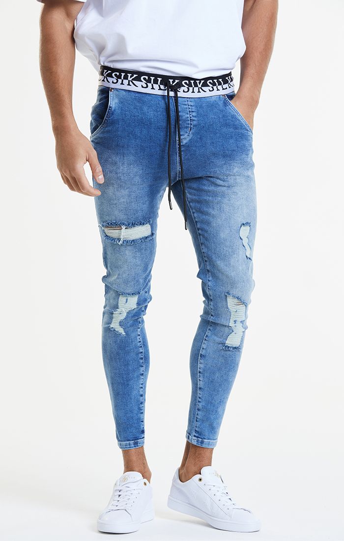 Load image into Gallery viewer, Blue Distressed Elasticated Jean