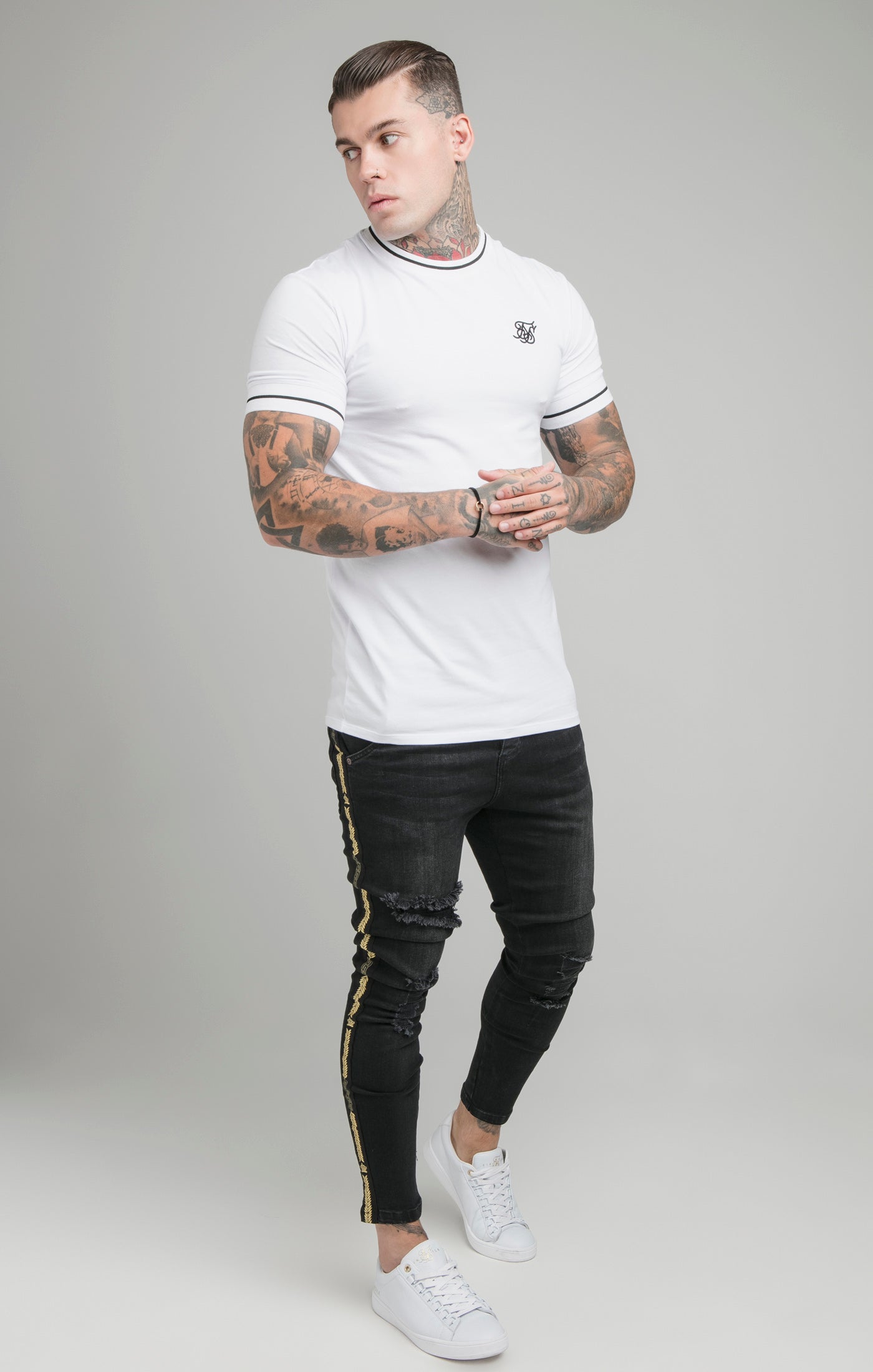 Load image into Gallery viewer, SikSilk Imperial Retro Rib Gym Tee - White &amp; Black (3)