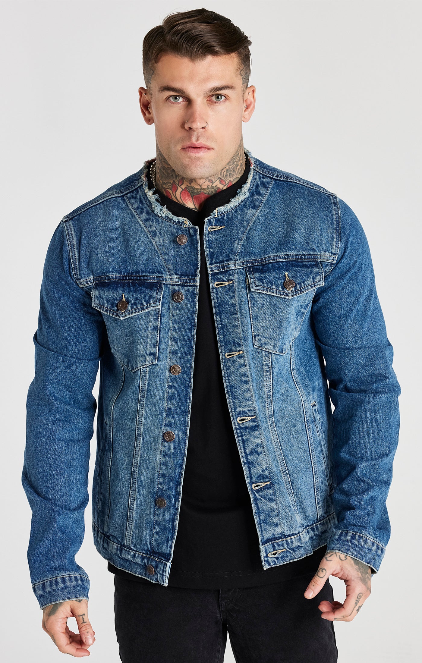 Load image into Gallery viewer, Blue Deluxe Collarless Denim Jacket