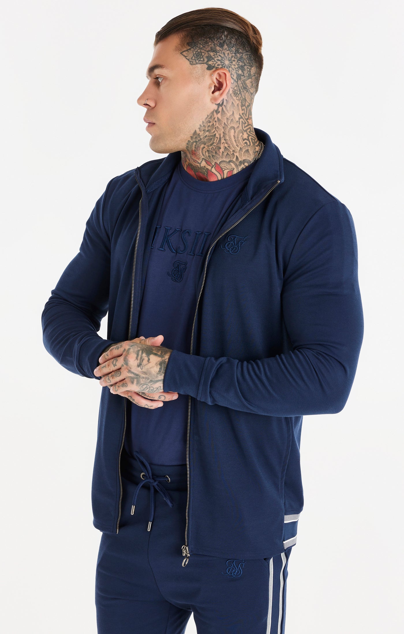 Load image into Gallery viewer, Navy Funnel Neck Zip Through Hoodie (1)
