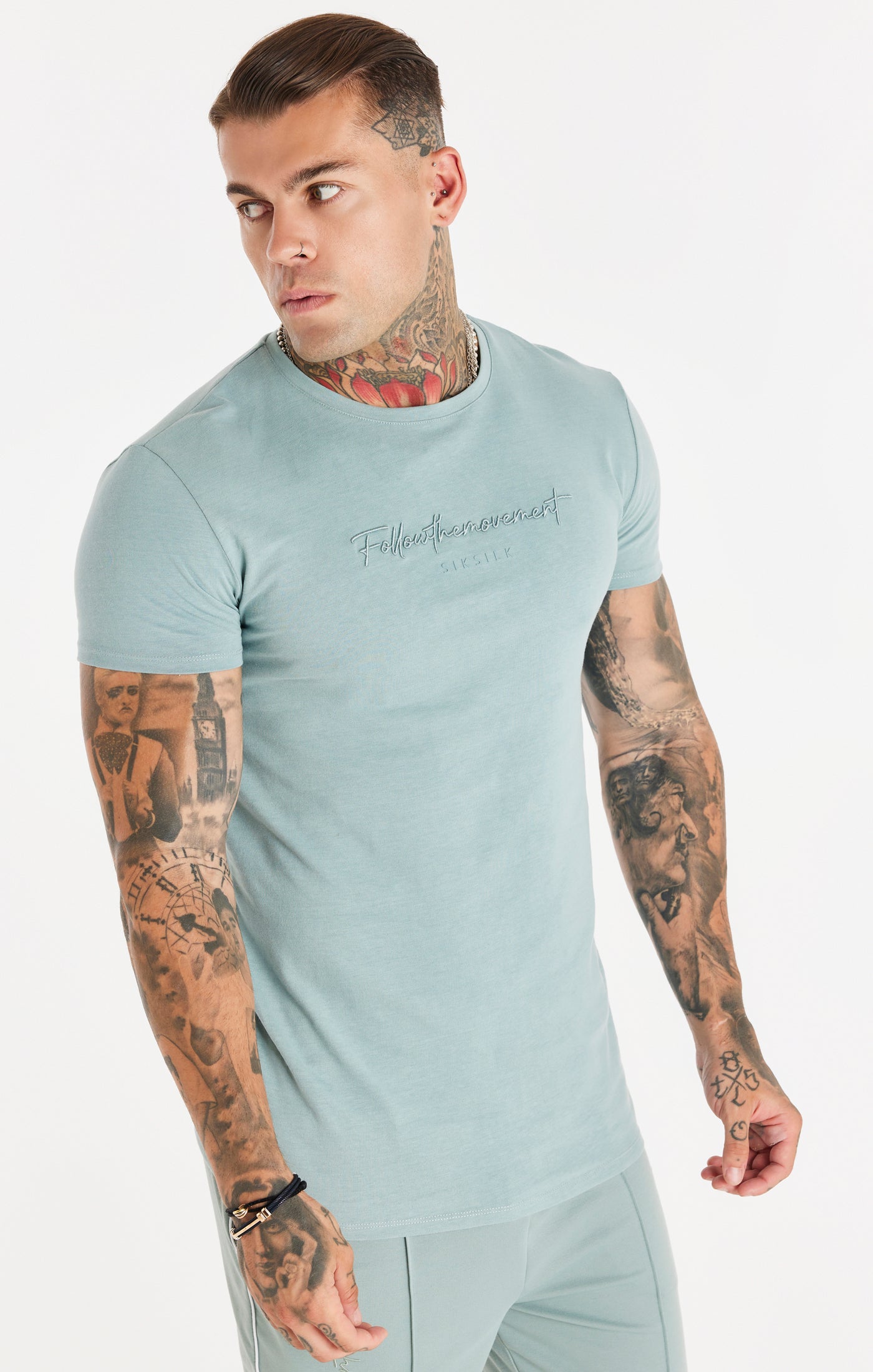 Load image into Gallery viewer, Teal Script Embroidery Muscle Fit T-Shirt