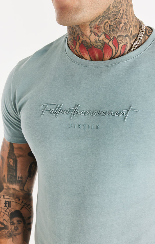 Teal Script Embroidery Muscle Fit T-Shirt