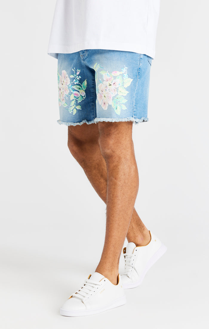 Load image into Gallery viewer, SikSilk Raw Floral Denim Shorts - Light Midstone Blue