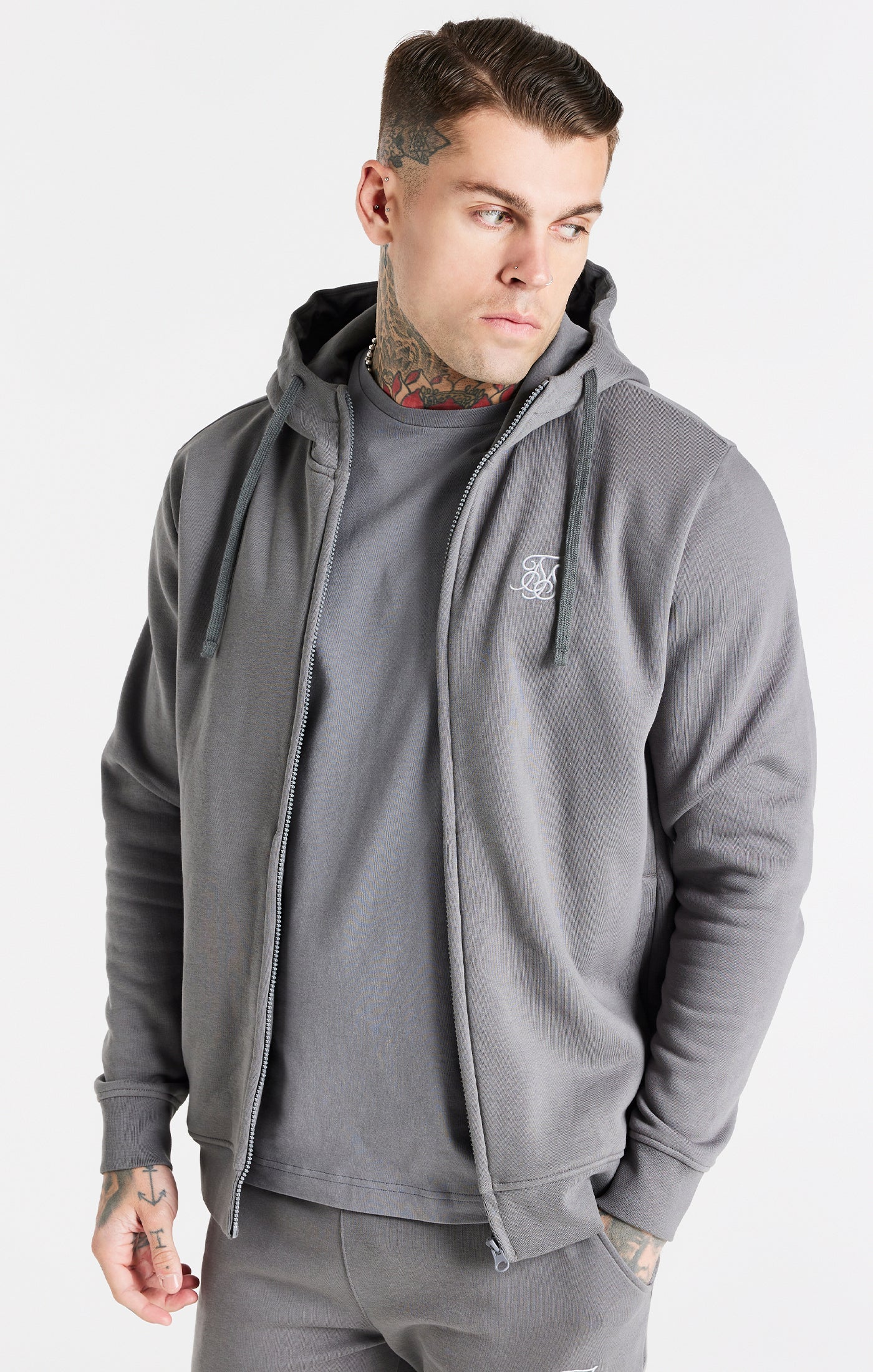 Load image into Gallery viewer, Grey Essential Zip Through Funnel Neck Hoodie