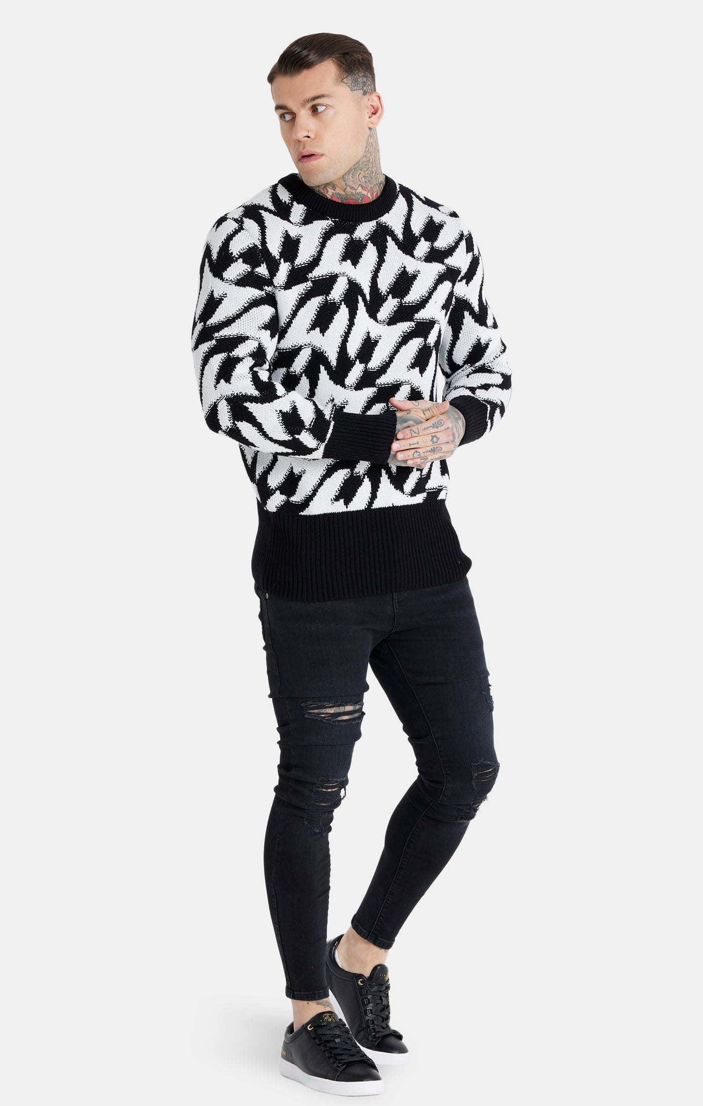 Load image into Gallery viewer, Messi x SikSilk Black Chunky Knit Monogram Jumper (1)
