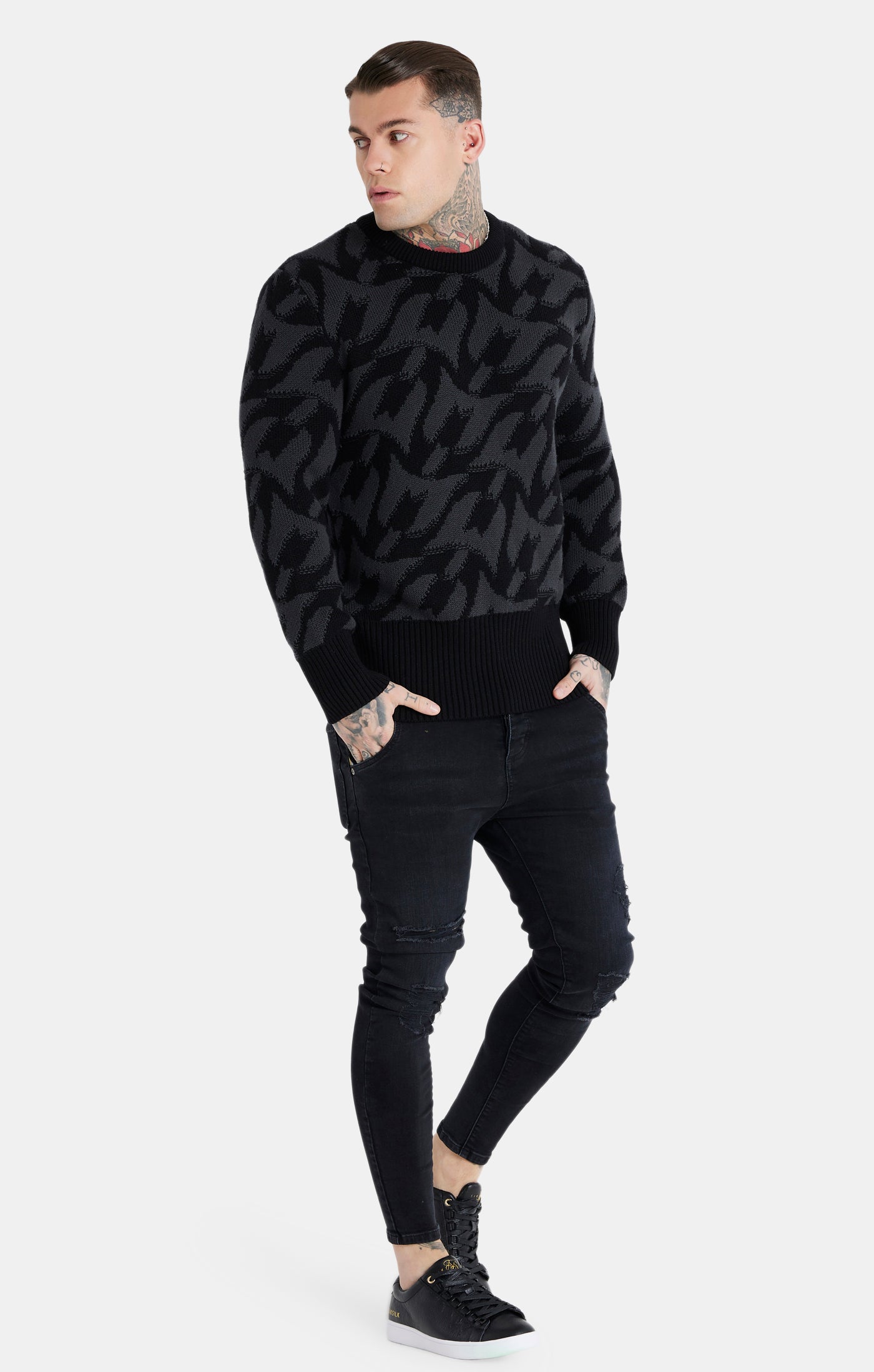 Load image into Gallery viewer, Messi x SikSilk Black Monogram Chunky Knit Jumper (1)