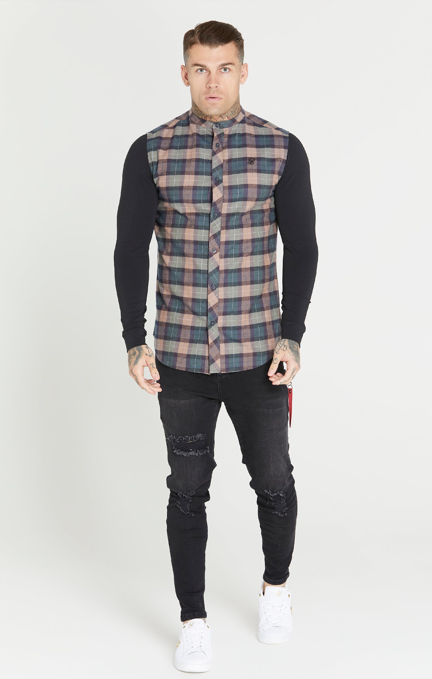 Load image into Gallery viewer, Black Flannel Check Grandad Shirt (2)