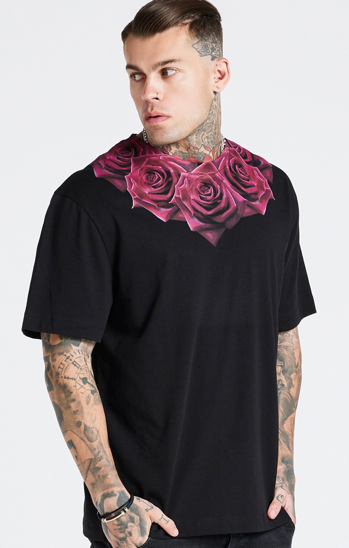 Load image into Gallery viewer, Black Relaxed Fit Rose T-Shirt