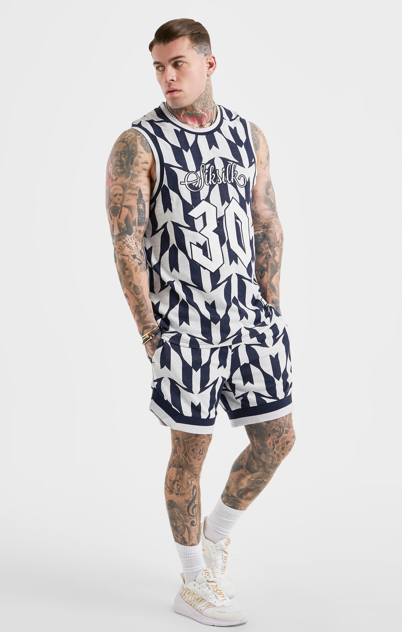 Load image into Gallery viewer, Messi x SikSilk Navy Monogram Basketball Vest (3)