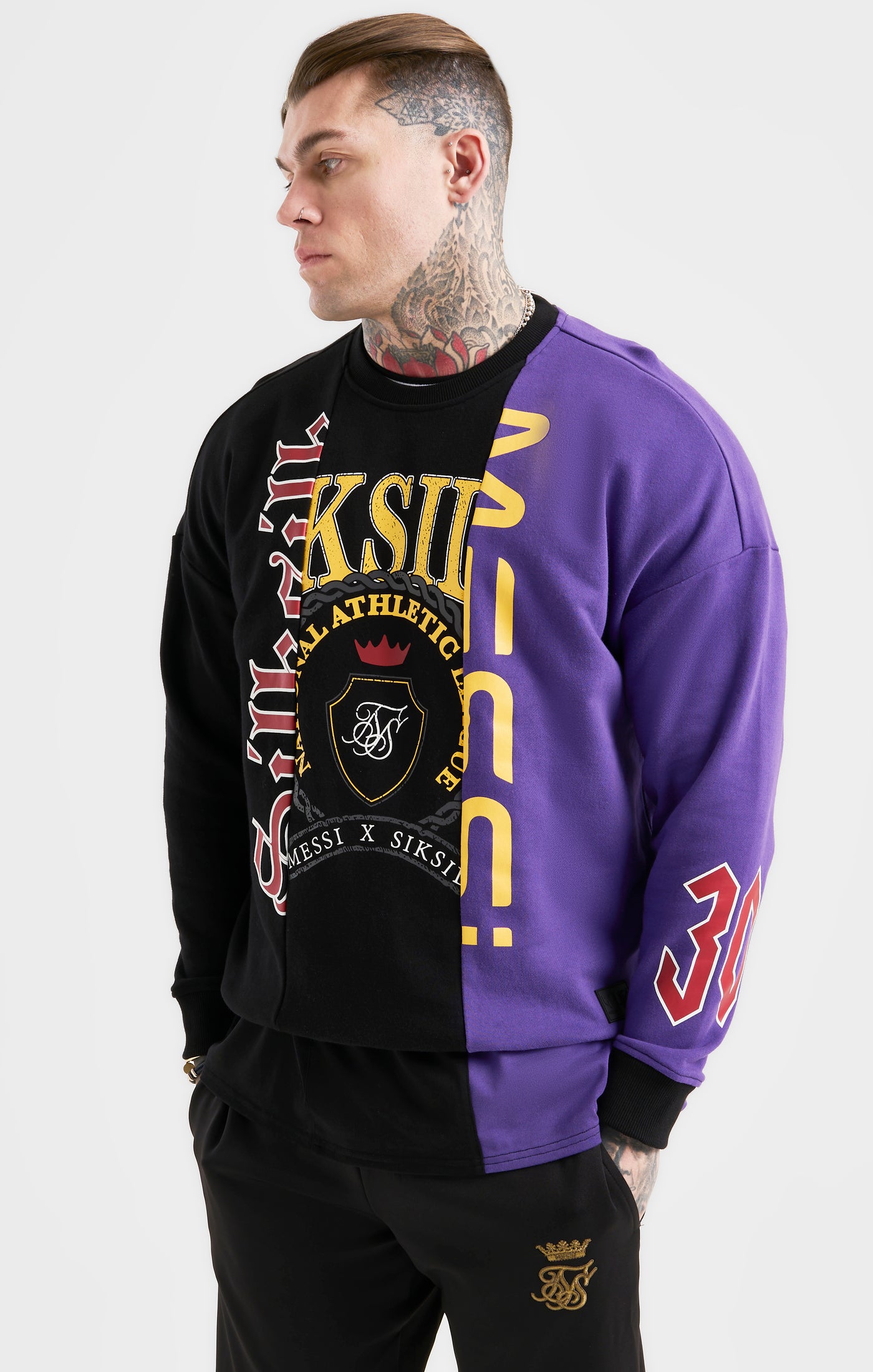 Load image into Gallery viewer, Messi x SikSilk Retro Varsity  Crew Sweater - Black &amp; Purple