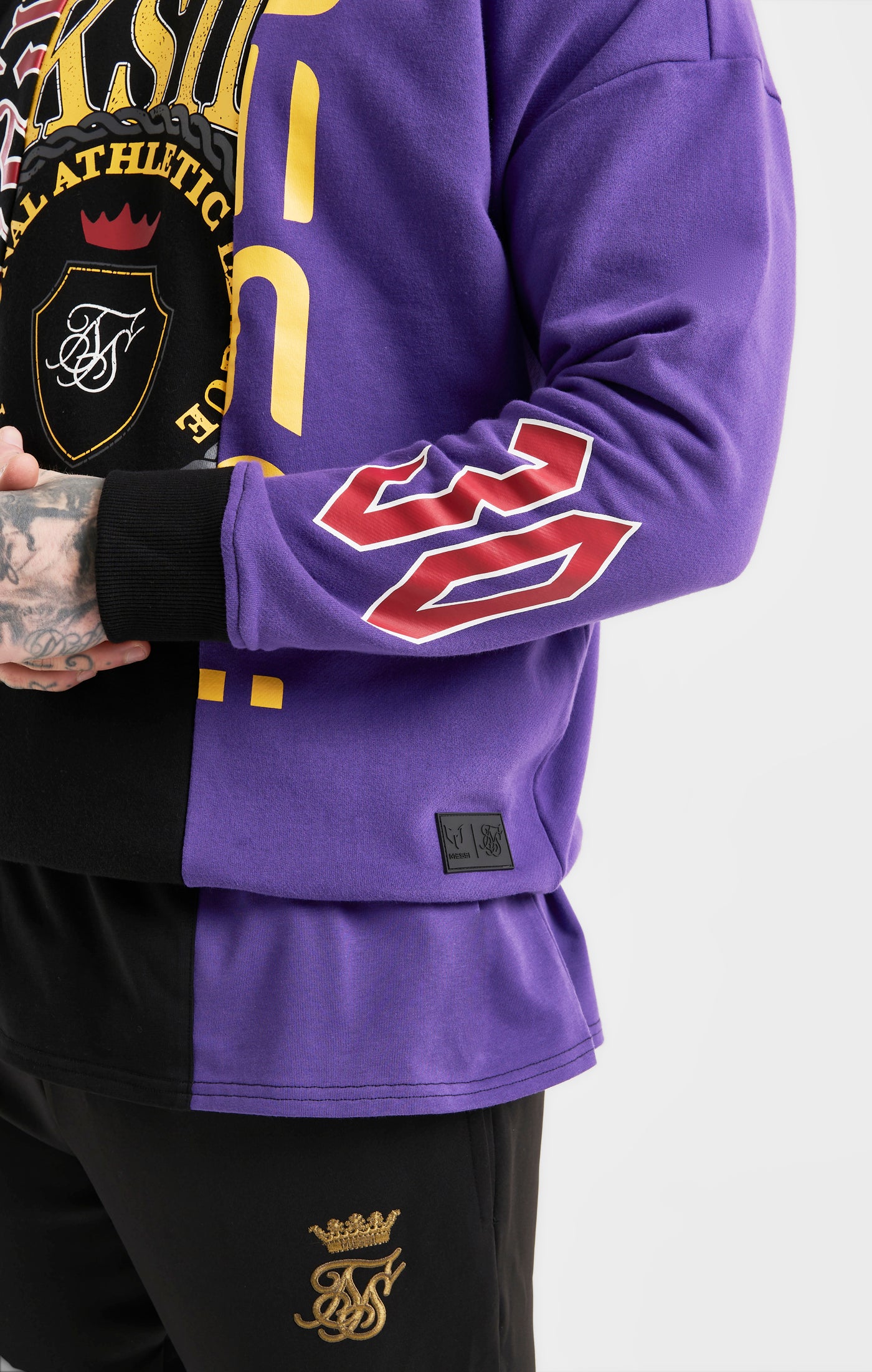 Load image into Gallery viewer, Messi x SikSilk Retro Varsity  Crew Sweater - Black &amp; Purple (1)
