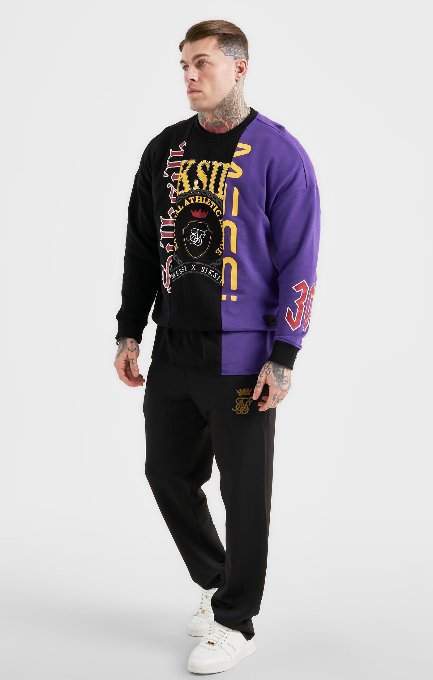 Load image into Gallery viewer, Messi x SikSilk Retro Varsity  Crew Sweater - Black &amp; Purple (2)