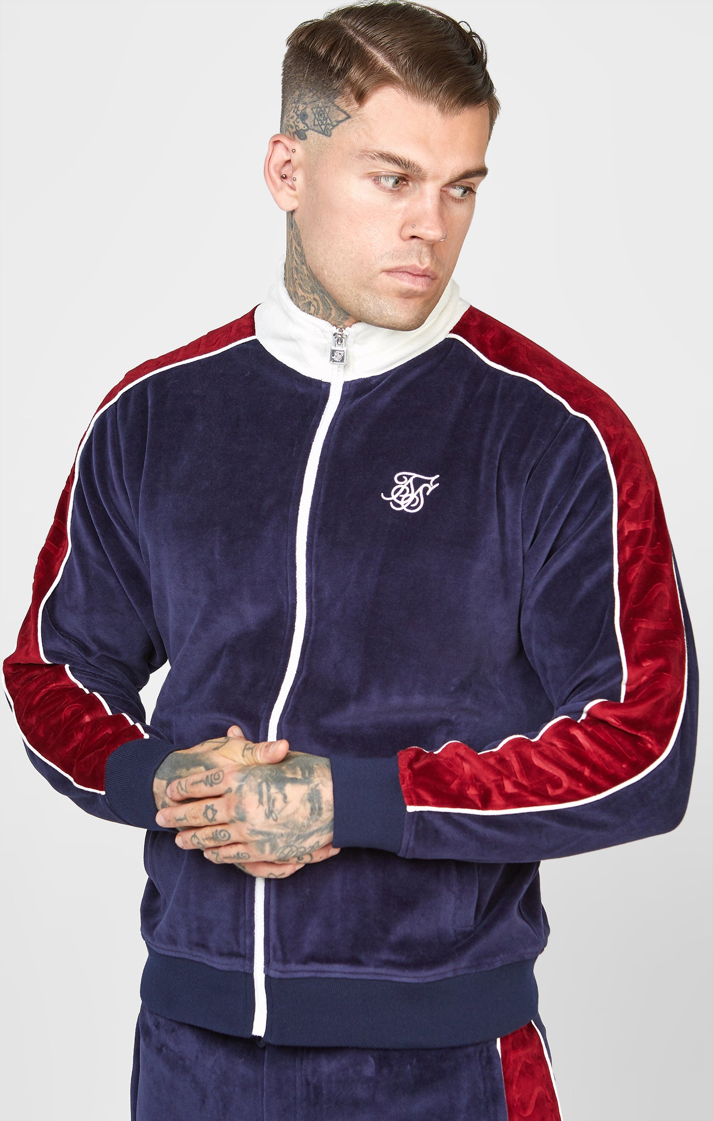 Load image into Gallery viewer, Navy Velour Track Jacket
