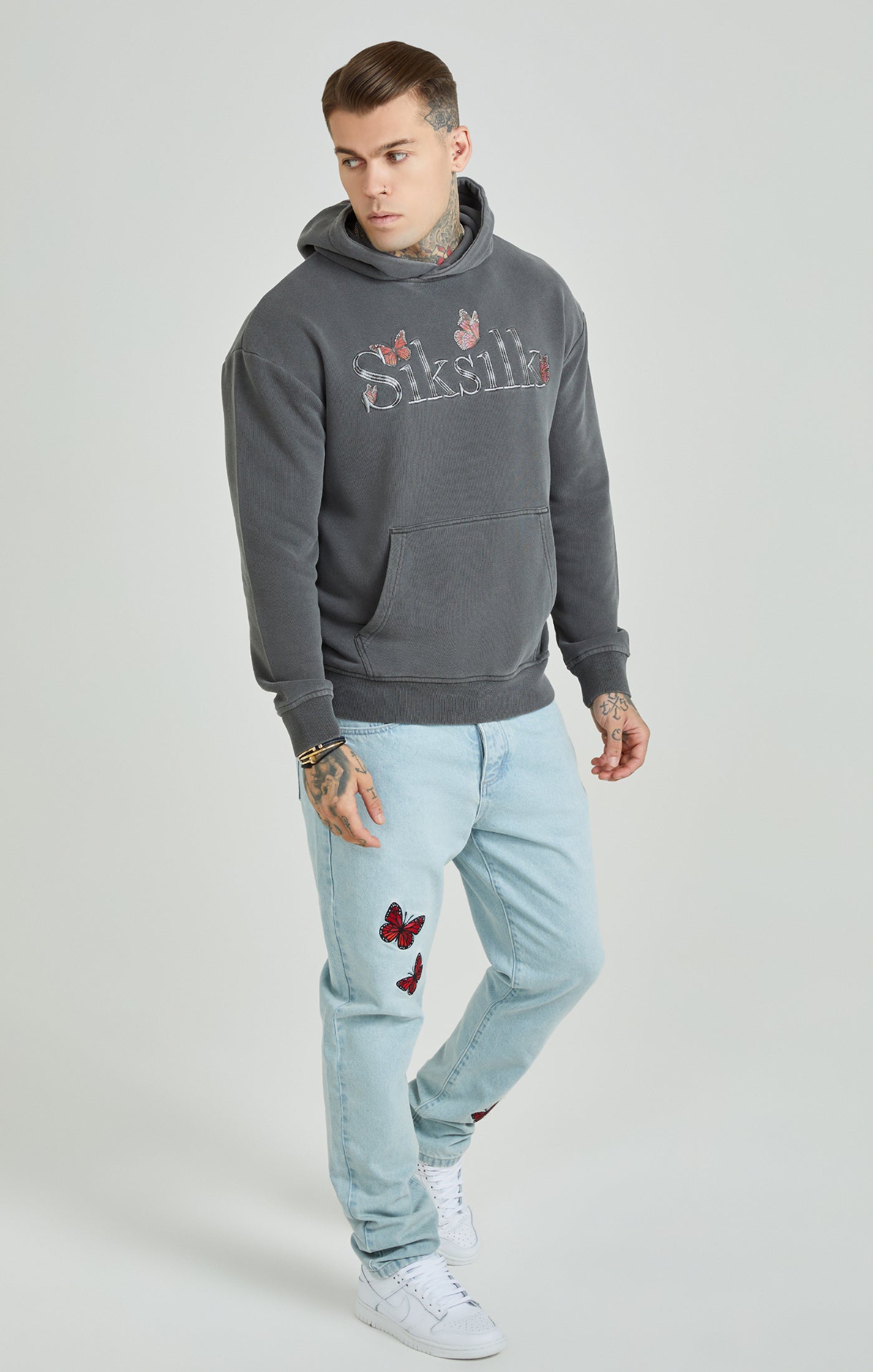 Load image into Gallery viewer, Grey Washed Butterfly Oversized Overhead Hoodie (1)