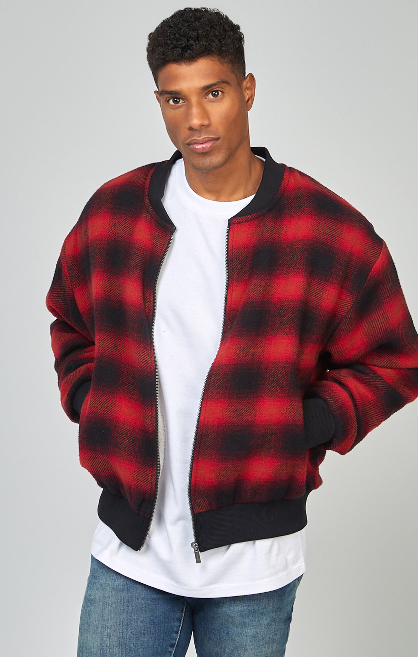 Load image into Gallery viewer, Red Branded Check Bomber Jacket